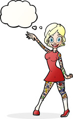 cartoon woman with tattoos with thought bubble