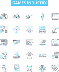 Fototapeta na wymiar Games industry vector line icons set. Games, Industry, Gaming, Video, Online, Mobile, Esports illustration outline concept symbols and signs