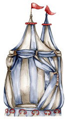 Watercolor hand drawn blue circus tent vintage style. Perfect for wedding, invitations, blogs, card templates, birthday and baby cards, patterns, quotes. isolater on white background. © Leila