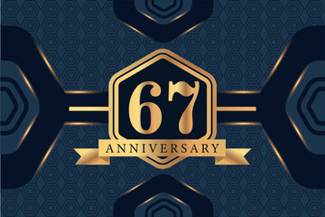 67th year anniversary celebration luxury golden logo vector design with black elegant color on blue abstract background 