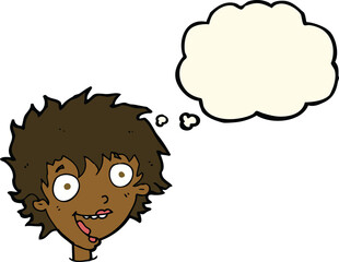 cartoon crazy excited woman with thought bubble