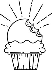 traditional black line work tattoo style cupcake with missing bite