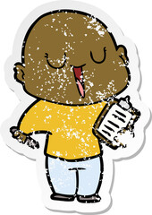 distressed sticker of a happy cartoon bald man
