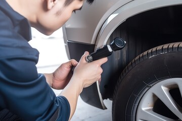 Rear view young mechanic checking tire pressure sensor with special tool