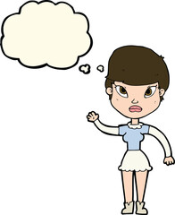 cartoon woman waving with thought bubble