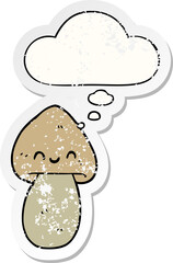 cartoon mushroom and thought bubble as a distressed worn sticker