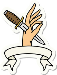 tattoo sticker with banner of a dagger in the hand