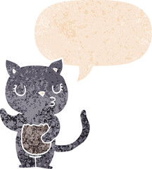 cute cartoon cat and speech bubble in retro textured style