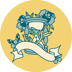 icon with banner of an hour glass and flowers