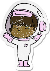 distressed sticker of a cartoon curious astronaut