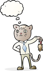 cartoon business cat with dead mouse with thought bubble