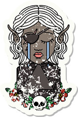 crying elf rogue character face with natural one D20 roll illustration