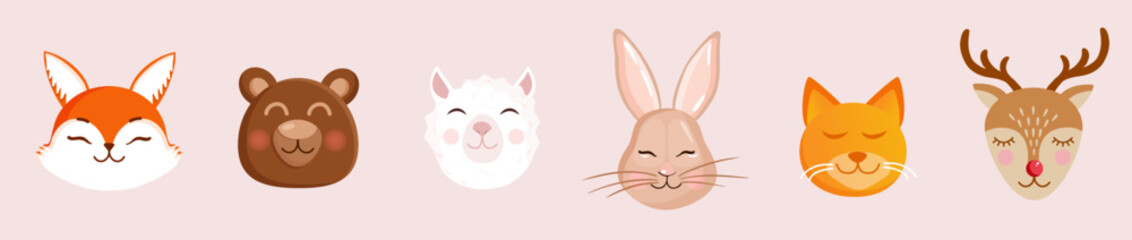 Cute animal portraits - bear, llama, alpaca, cat, hare, deer and fox. Cartoon set of vector illustrations of muzzles. Design for baby clothes, cards, posters, textiles, prints, patterns and more.