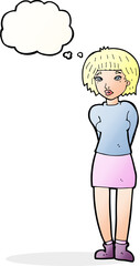 cartoon shy woman with thought bubble