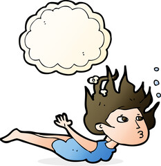 cartoon woman swimming underwater with thought bubble