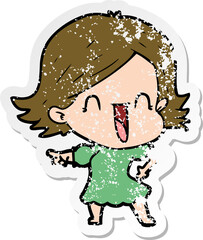distressed sticker of a cartoon happy woman