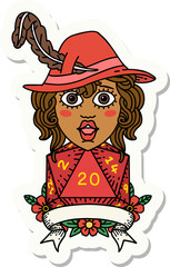 human bard character with natural 20 dice roll sticker