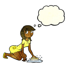 cartoon cinderella scrubbing floors with thought bubble