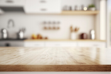 Empty Beautiful wood table  top and blur bokeh modern kitchen interior background in clean and bright, Ready for product montage