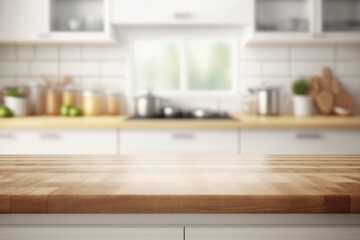 Empty Beautiful wood table  top and blur bokeh modern kitchen interior background in clean and bright, Ready for product montage - obrazy, fototapety, plakaty