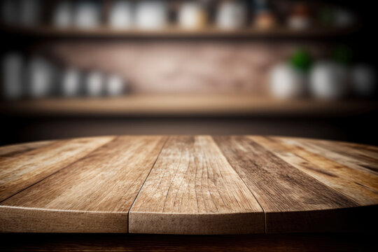 Empty Beautiful wood table  top and blur bokeh modern kitchen interior background in clean and bright, Ready for product montage