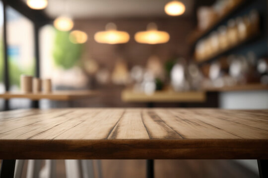 Empty Beautiful wood table and coffee cafe with light in brown tone background, Ready for product montage
