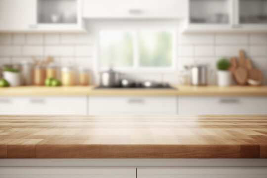 Empty Beautiful wood table  top and blur bokeh modern kitchen interior background in clean and bright, Ready for product montage