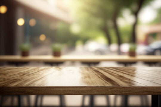 Empty Beautiful wood table and coffee cafe with light in brown tone background, Ready for product montage