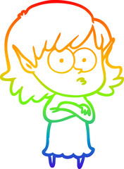 rainbow gradient line drawing cartoon elf girl staring