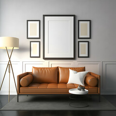 Stylish Frame Gallery Mockup in Living Room Interior with Modern Furniture, Leather Sofa, Multi Frame Mockup, Generative AI