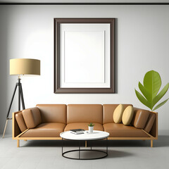 Stylish Frame Gallery Mockup in Living Room Interior Plant with Modern Furniture, Leather Sofa, Multi Frame Mockup, Generative AI