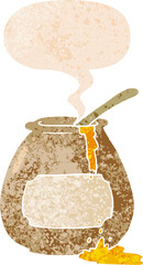 cartoon honey pot and speech bubble in retro textured style