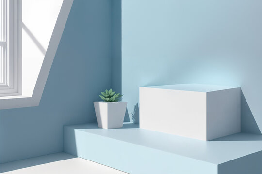 Presentation room with podest in light blue created with Generative AI technology