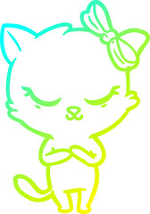 cold gradient line drawing cute cartoon cat with bow