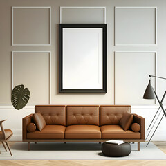 Stylish Frame Gallery Mockup in Living Room Interior with Modern Furniture, Leather Sofa, Multi Frame Mockup, Generative AI