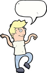 cartoon happy man doing funny dance with speech bubble