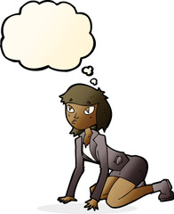 cartoon woman on hands and knees with thought bubble