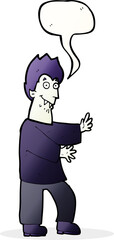 cartoon vampire waving hands with speech bubble