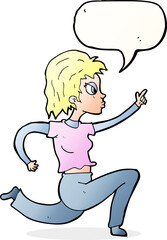 cartoon woman running and pointing with speech bubble