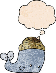 cartoon whale wearing hat and thought bubble in grunge texture pattern style