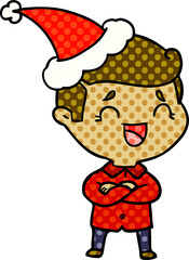 comic book style illustration of a laughing man wearing santa hat