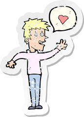 retro distressed sticker of a cartoon man in love