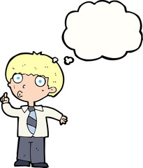 cartoon school boy with question with thought bubble