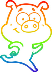 rainbow gradient line drawing happy cartoon pig running
