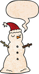 cartoon snowman and speech bubble in retro texture style