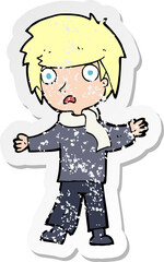 retro distressed sticker of a cartoon unhappy boy