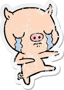 distressed sticker of a cartoon pig crying