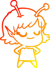 warm gradient line drawing smiling alien girl cartoon