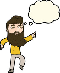 cartoon bearded man pointing the way with thought bubble