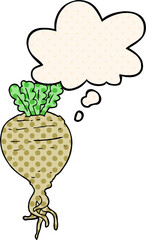 cartoon root vegetable and thought bubble in comic book style